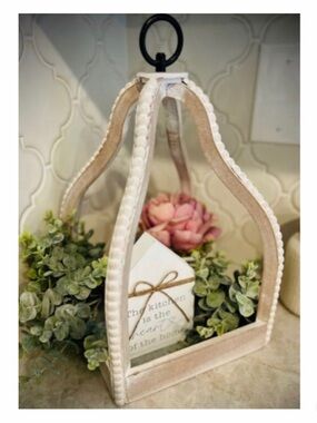 NEW White Washed Beaded Open Lantern Tabletop Centerpiece Farmhouse Decor